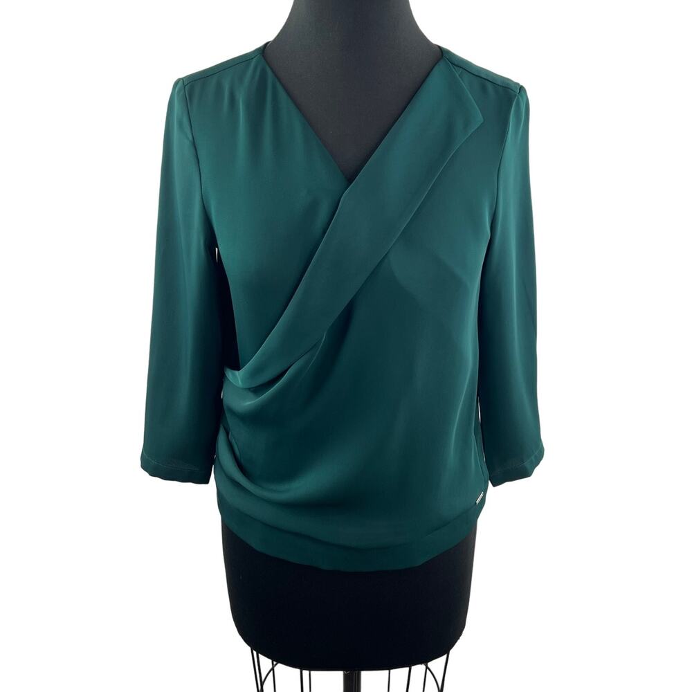 SOLAR Green Satin Faux Wrap Blouse Top 3/4 Sleeve Surplice Neck Size 34 /2
